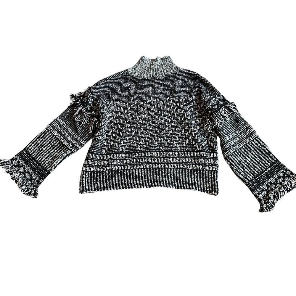 Magaschoni Black White Pullover Turtleneck Sweater Fringe Bohemian Boho Sz Small - Picture 9 of 13